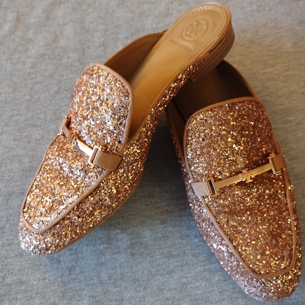Tory Burch Amelia Glitter Backless Loafer Rose Gold Women's Size 8 - Stunning!